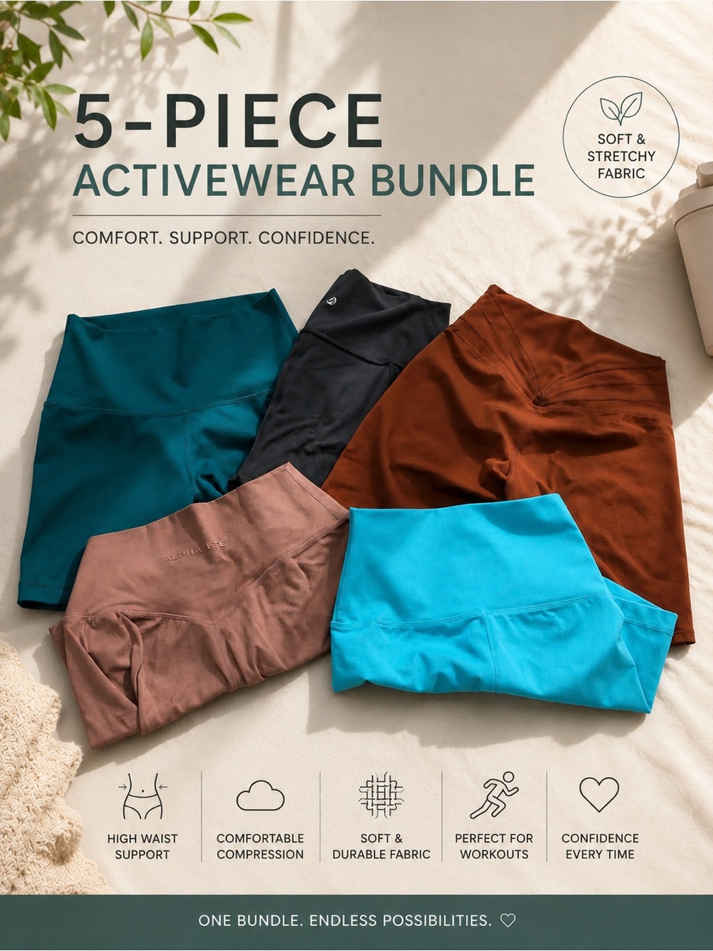 Yogalicious 5-Piece Leggings Bundle - Teal, Black, Brown, Turquoise, Mauve